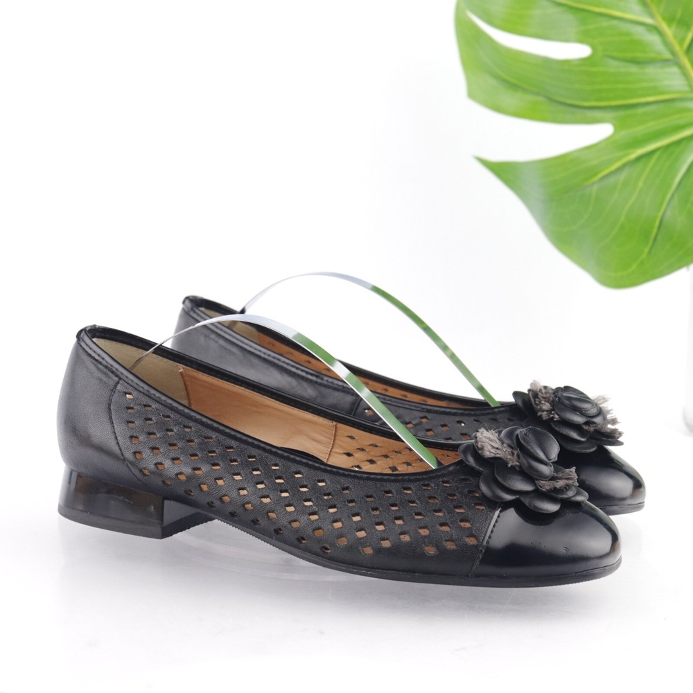 Ara Womens Blossom Ballet Flats Size 8 Black Leather Flower Cap Toe Dress Shoes